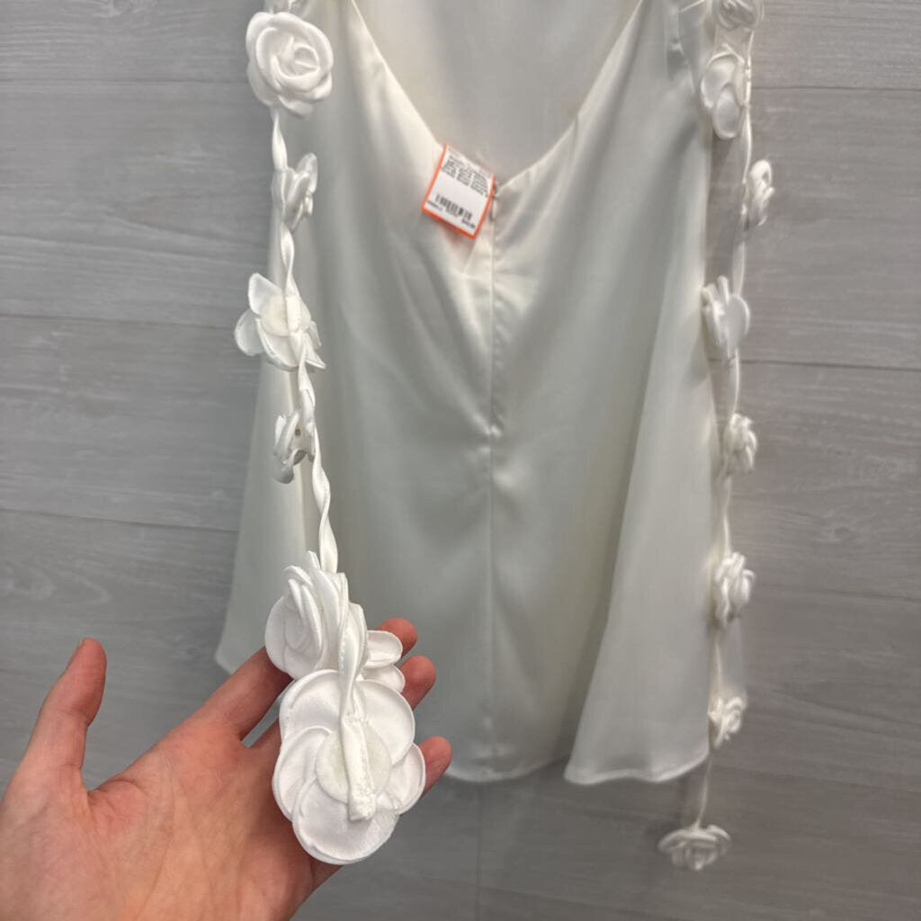 Lena White Silky Floral Tassel Strap Short Formal Dress Small