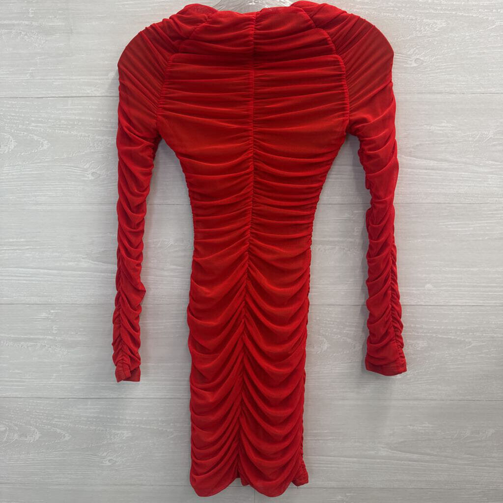 Micahel Costello X Revolve REd Ruched Long Sleeve Mini Dress XXS