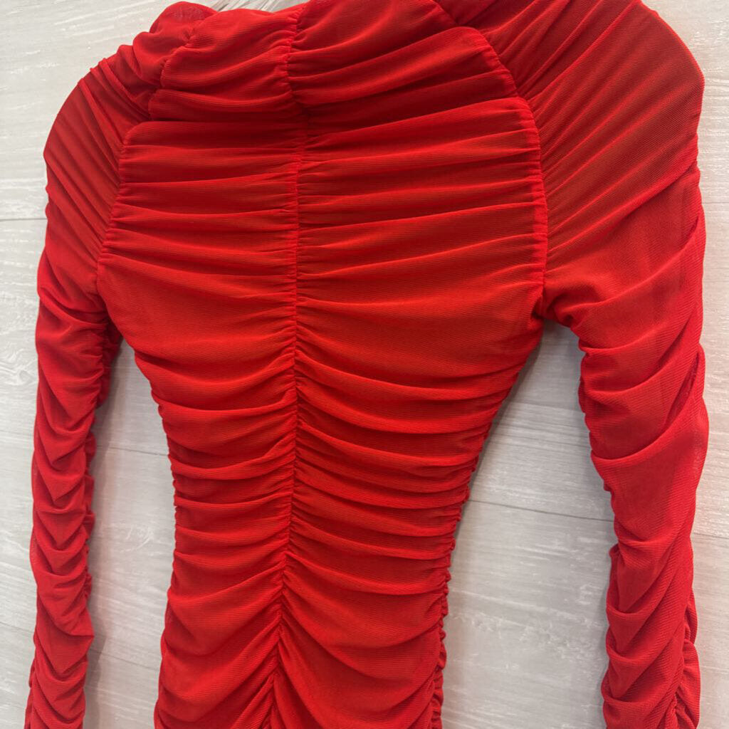 Micahel Costello X Revolve REd Ruched Long Sleeve Mini Dress XXS