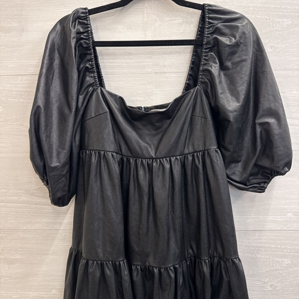 Amanda Uprichard Black Faux Leather Short Puff Sleeve Dress Extra Small