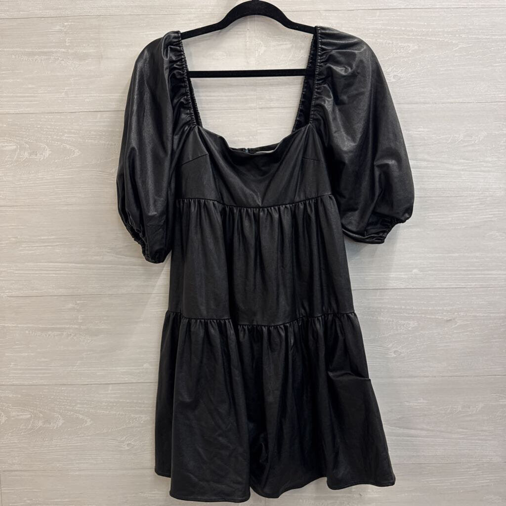 Amanda Uprichard Black Faux Leather Short Puff Sleeve Dress Extra Small