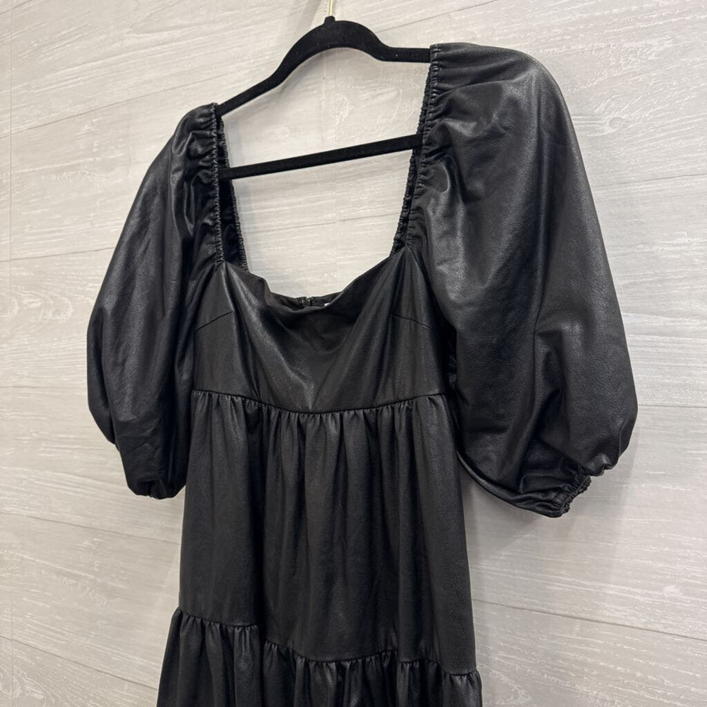 Amanda Uprichard Black Faux Leather Short Puff Sleeve Dress Extra Small