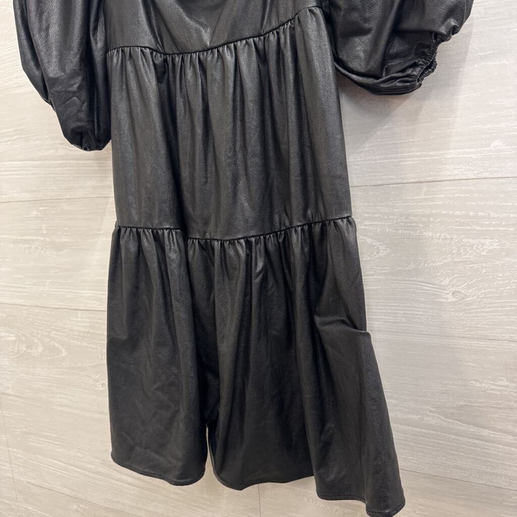 Amanda Uprichard Black Faux Leather Short Puff Sleeve Dress Extra Small