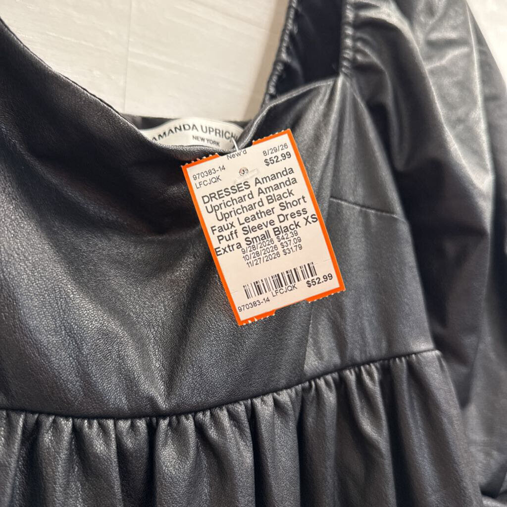 Amanda Uprichard Black Faux Leather Short Puff Sleeve Dress Extra Small