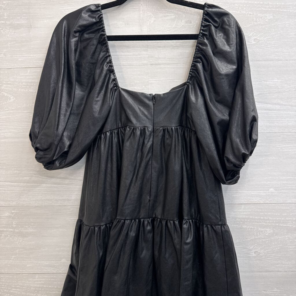 Amanda Uprichard Black Faux Leather Short Puff Sleeve Dress Extra Small