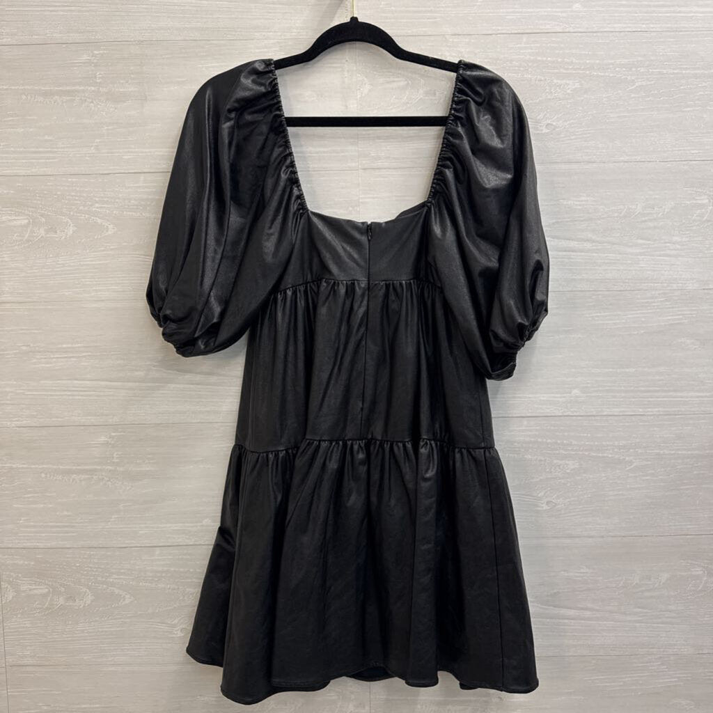 Amanda Uprichard Black Faux Leather Short Puff Sleeve Dress Extra Small