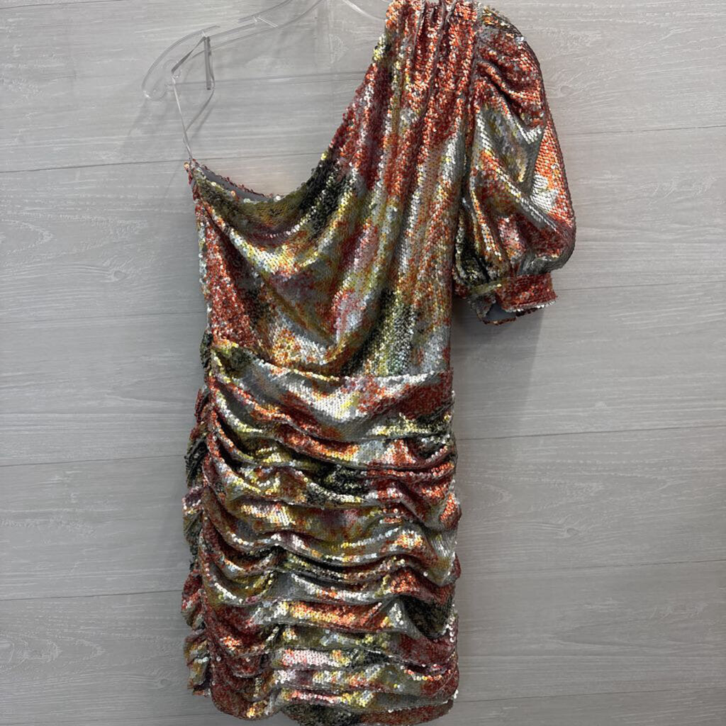 Ronny Kobo Silver/ Multi Sequin Print One Short Puff Sleeve Short Formal Dress Extra Small