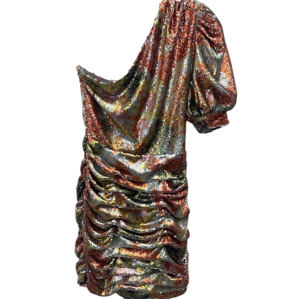 Ronny Kobo Silver/ Multi Sequin Print One Short Puff Sleeve Short Formal Dress Extra Small