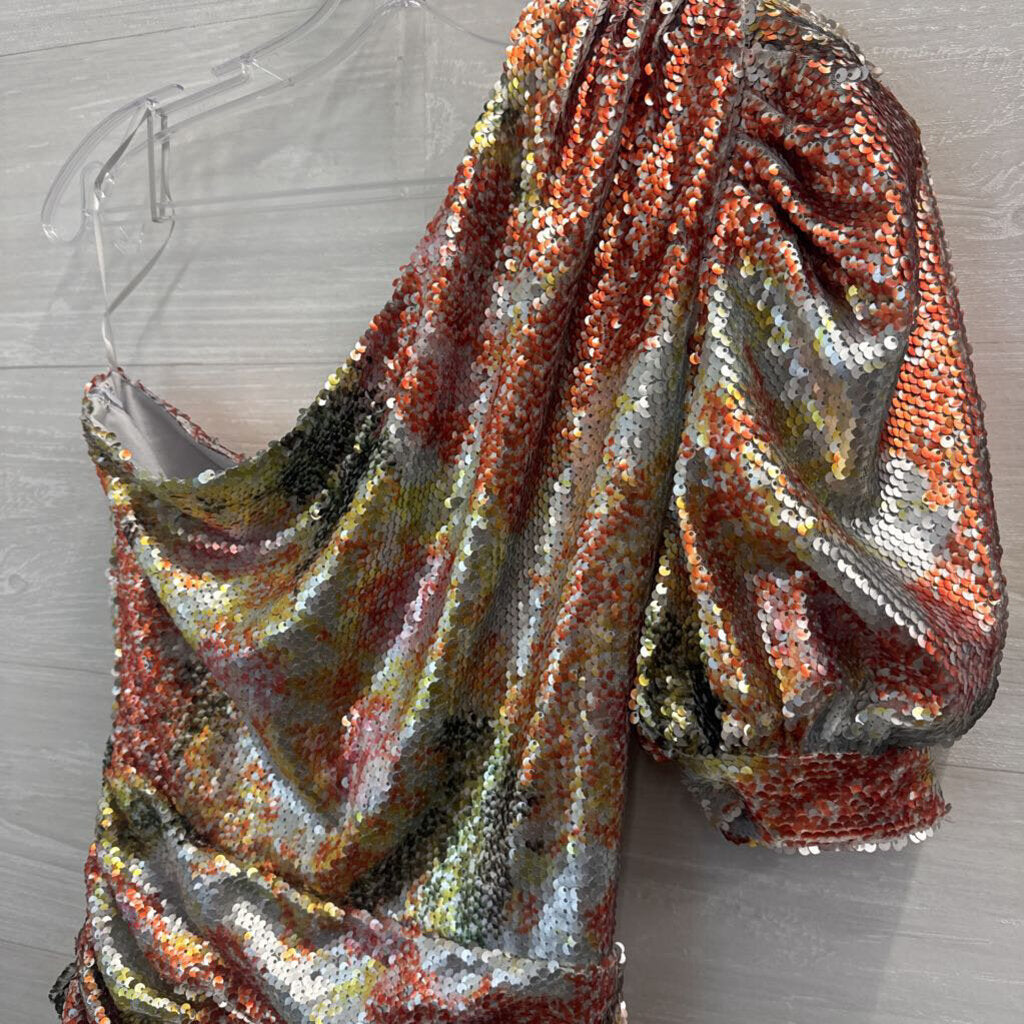Ronny Kobo Silver/ Multi Sequin Print One Short Puff Sleeve Short Formal Dress Extra Small
