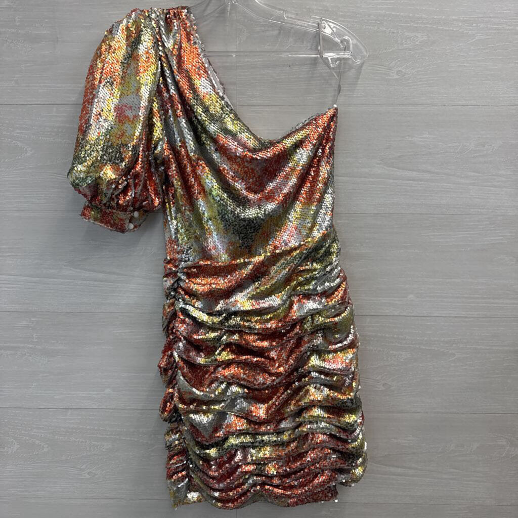 Ronny Kobo Silver/ Multi Sequin Print One Short Puff Sleeve Short Formal Dress Extra Small