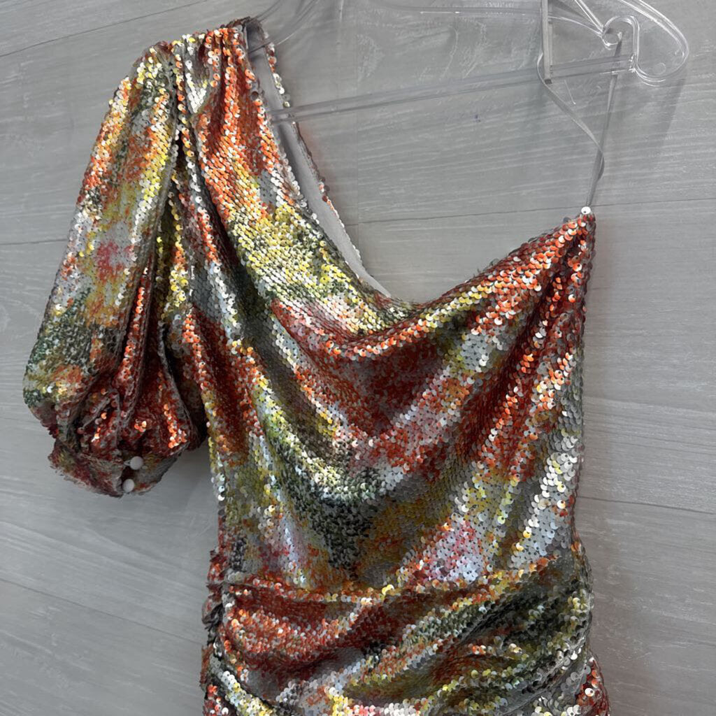 Ronny Kobo Silver/ Multi Sequin Print One Short Puff Sleeve Short Formal Dress Extra Small