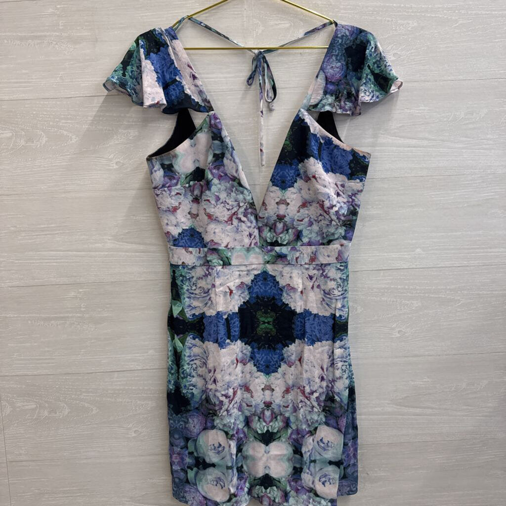 NBD Purple/ Blue Floral Print Short Flutter Sleeve Dress Medium
