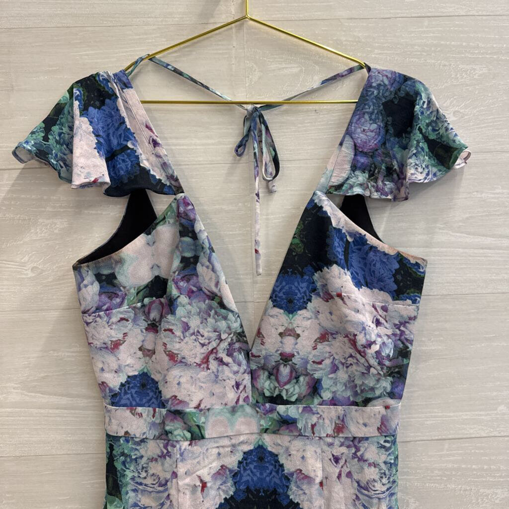NBD Purple/ Blue Floral Print Short Flutter Sleeve Dress Medium