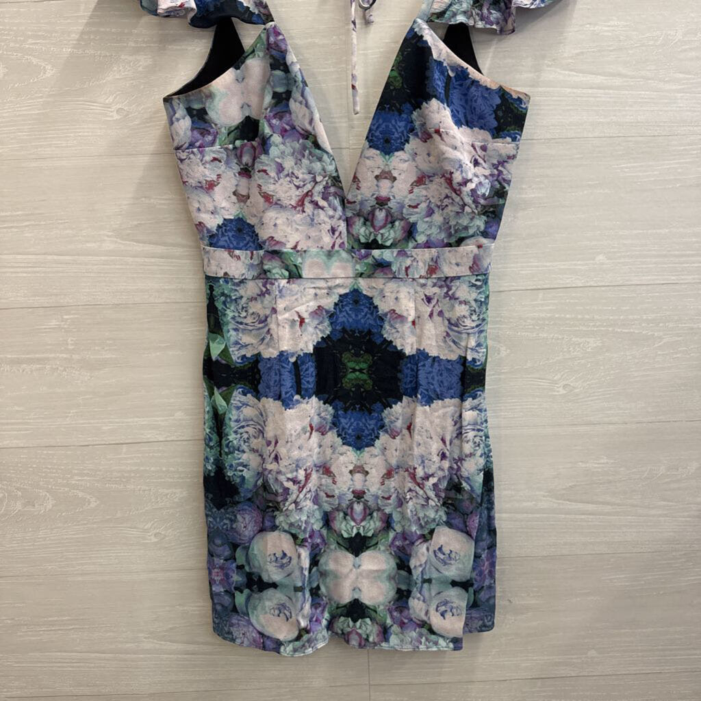 NBD Purple/ Blue Floral Print Short Flutter Sleeve Dress Medium