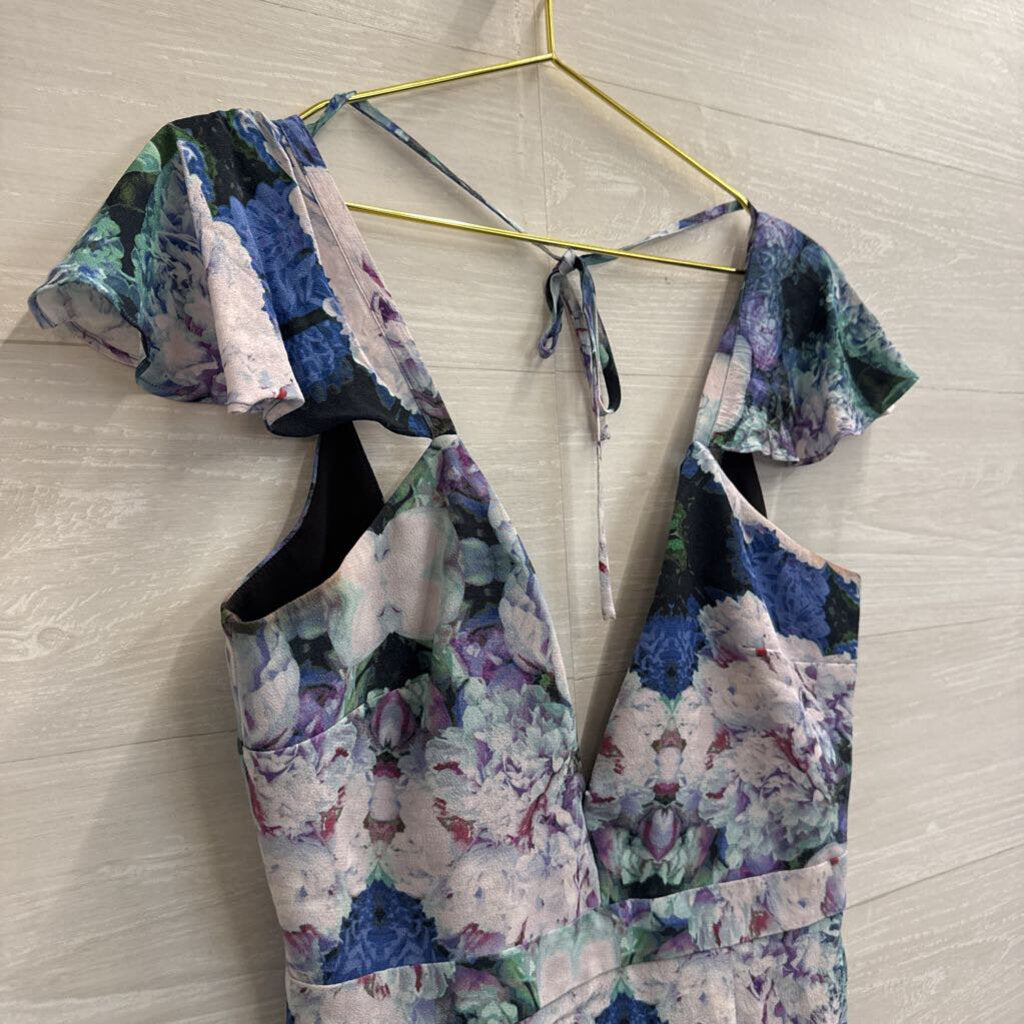 NBD Purple/ Blue Floral Print Short Flutter Sleeve Dress Medium