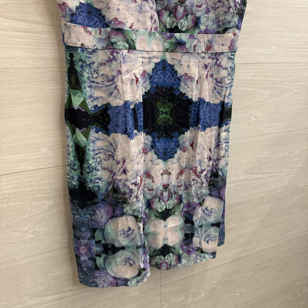 NBD Purple/ Blue Floral Print Short Flutter Sleeve Dress Medium