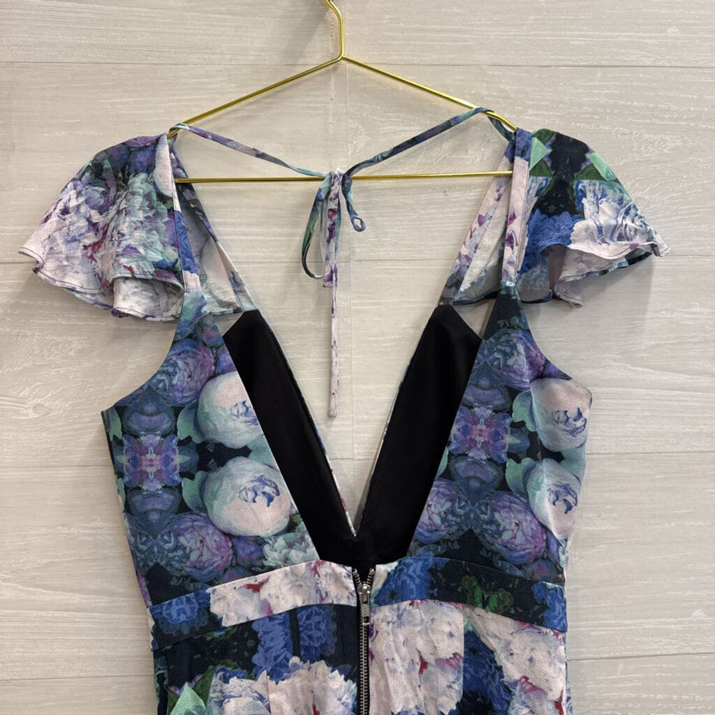 NBD Purple/ Blue Floral Print Short Flutter Sleeve Dress Medium