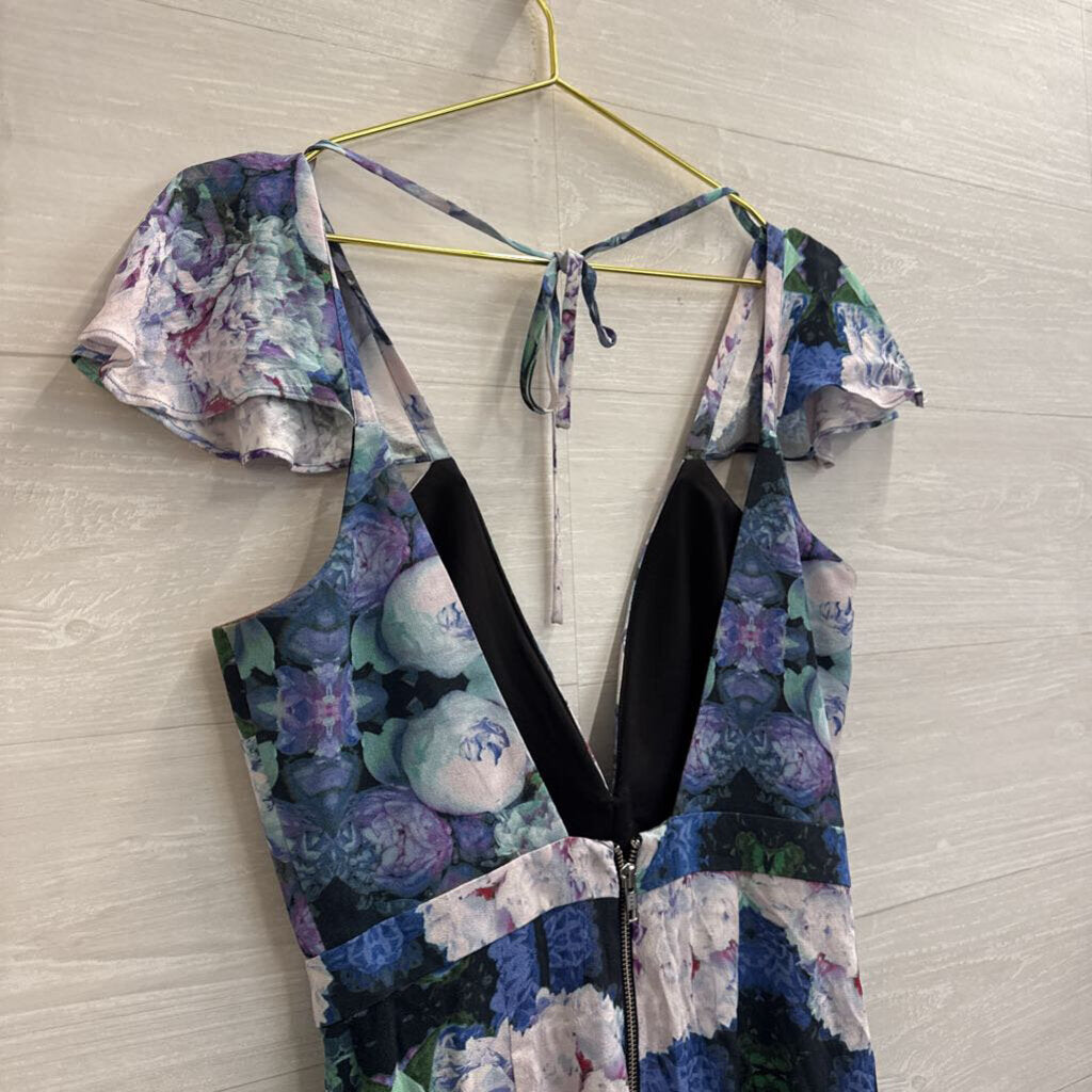 NBD Purple/ Blue Floral Print Short Flutter Sleeve Dress Medium