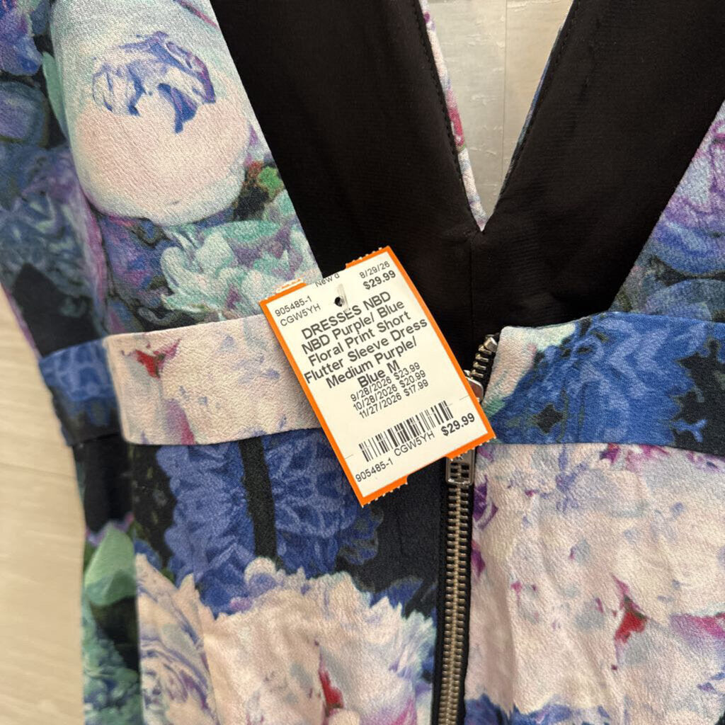 NBD Purple/ Blue Floral Print Short Flutter Sleeve Dress Medium