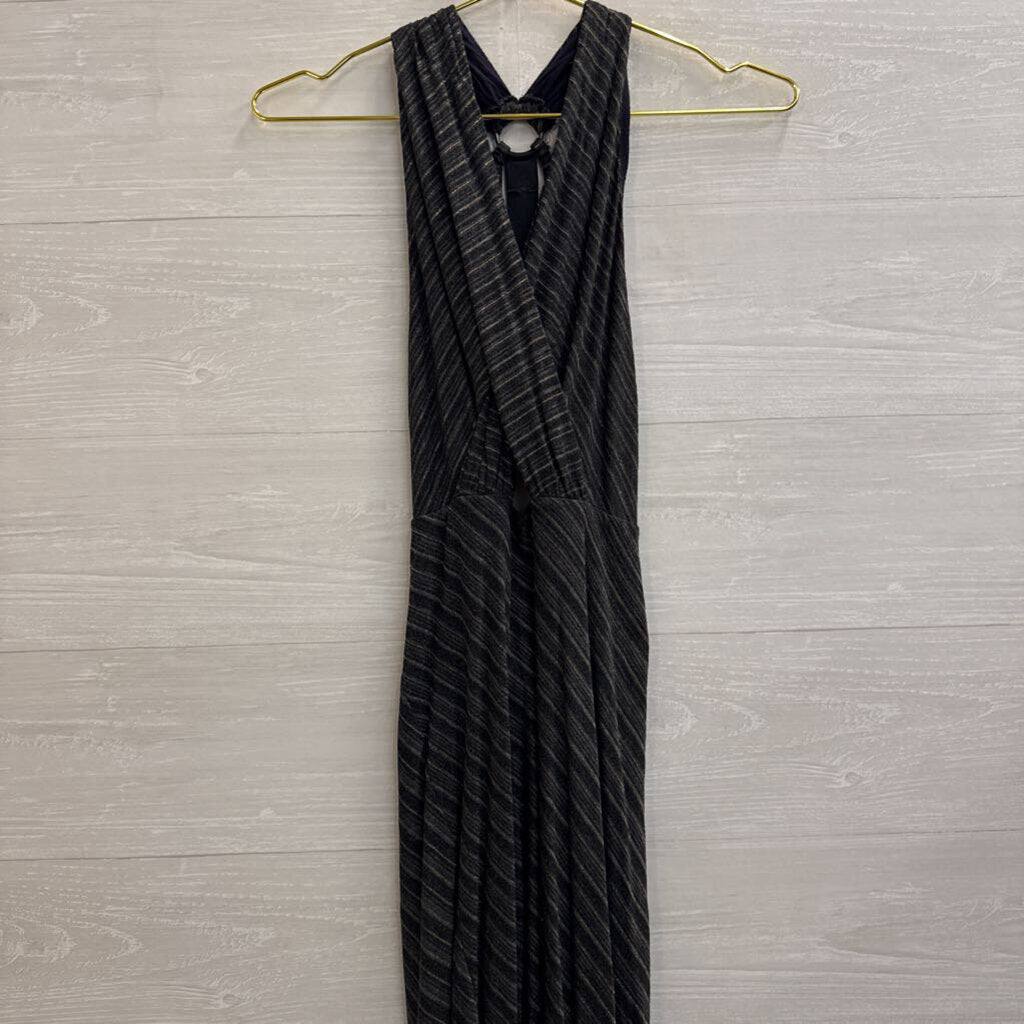 Free People Grey/ Black Metallic Gold Stripe Midi Dress Small
