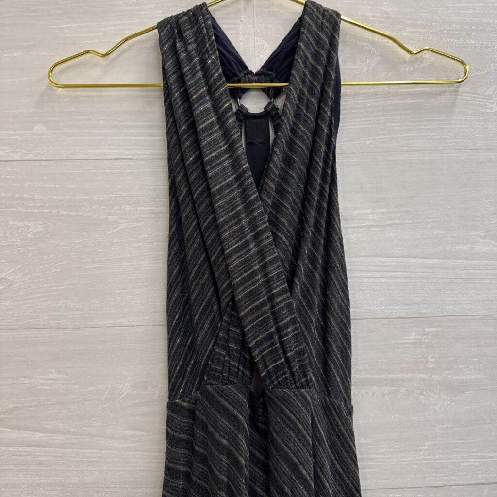 Free People Grey/ Black Metallic Gold Stripe Midi Dress Small