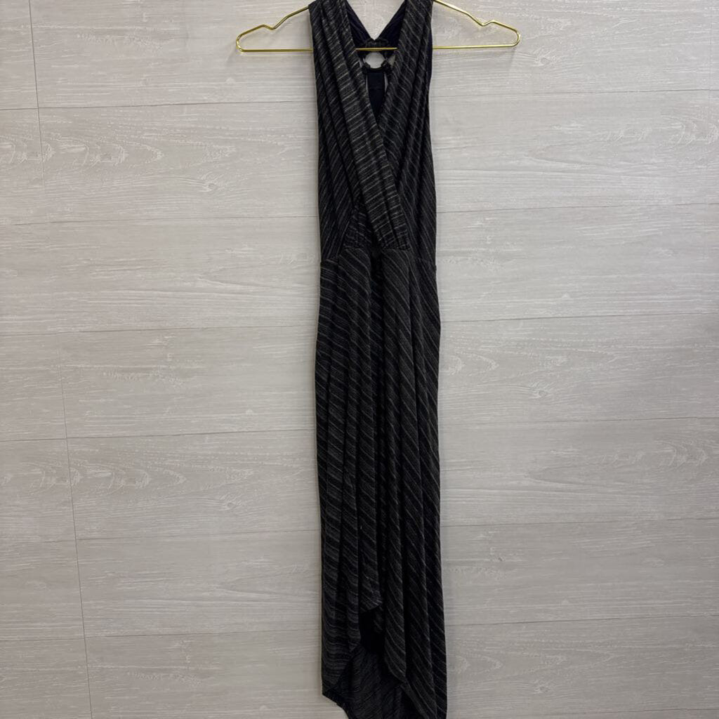 Free People Grey/ Black Metallic Gold Stripe Midi Dress Small