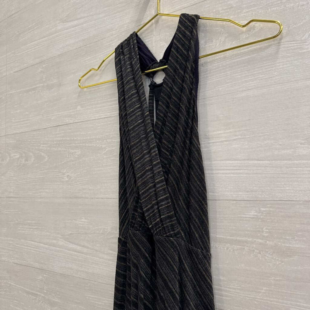 Free People Grey/ Black Metallic Gold Stripe Midi Dress Small
