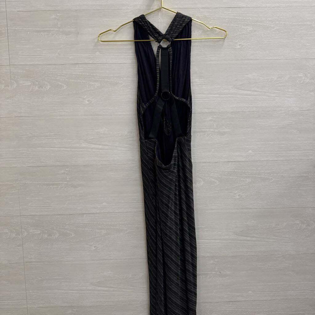 Free People Grey/ Black Metallic Gold Stripe Midi Dress Small