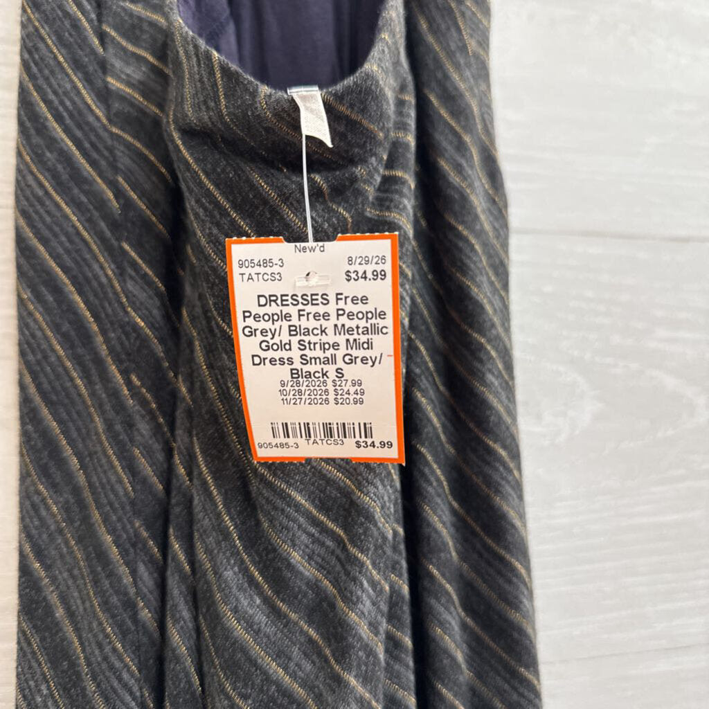 Free People Grey/ Black Metallic Gold Stripe Midi Dress Small