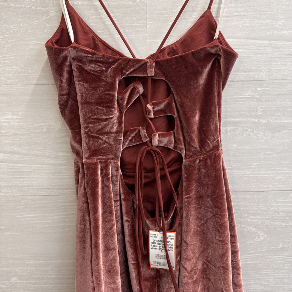 NBD Mauve Velvet Lace Up Back Mini Dress Small