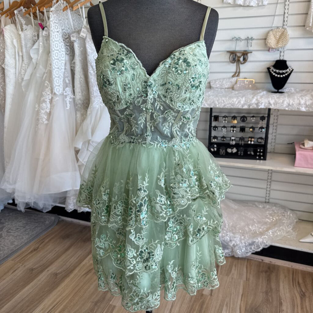 Green Sequin Lace Tiered Lace Up Back Short Formal Dress 14