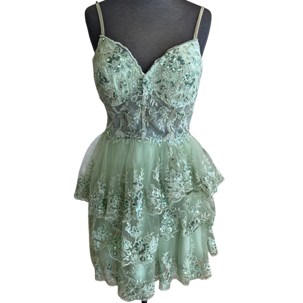 Green Sequin Lace Tiered Lace Up Back Short Formal Dress 14