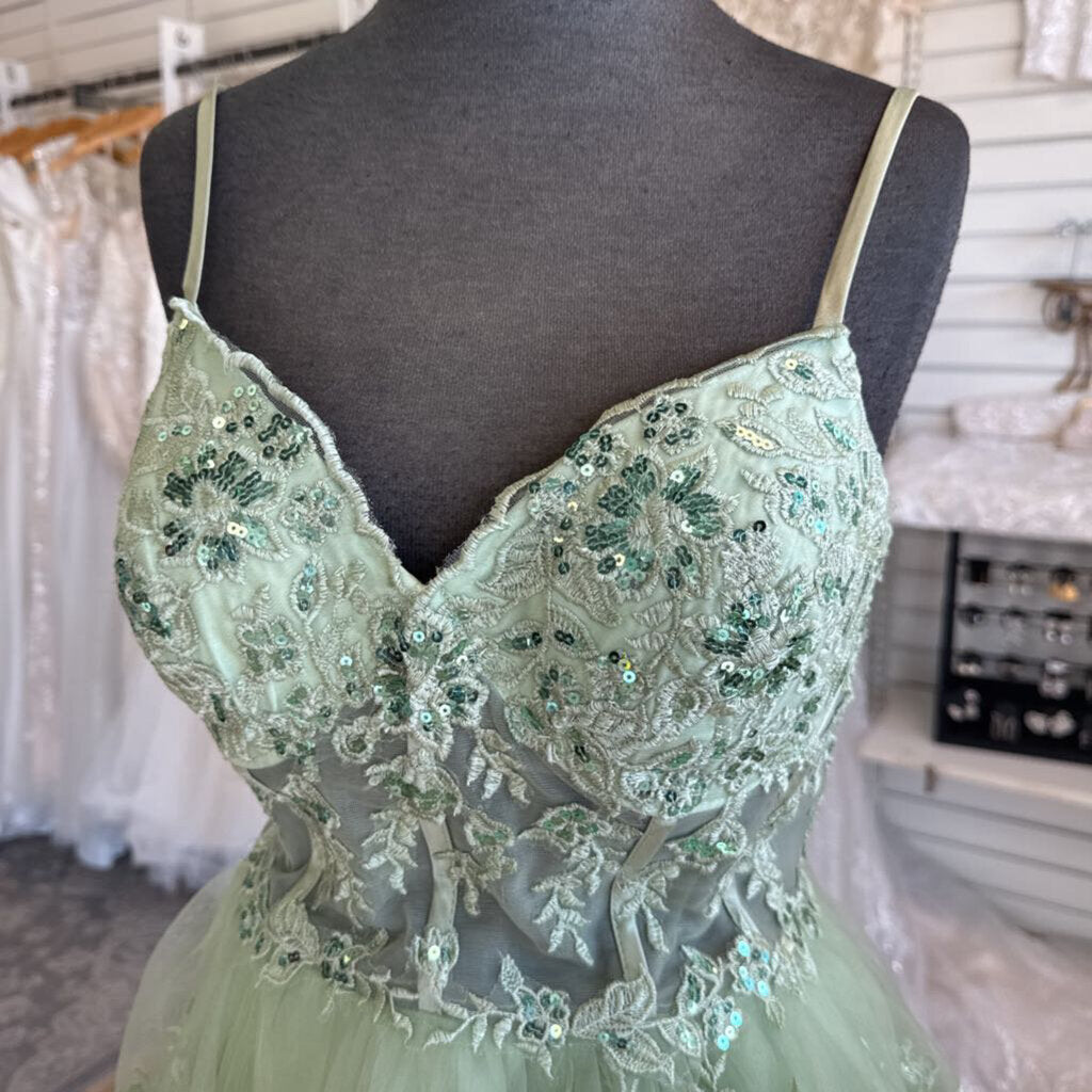Green Sequin Lace Tiered Lace Up Back Short Formal Dress 14