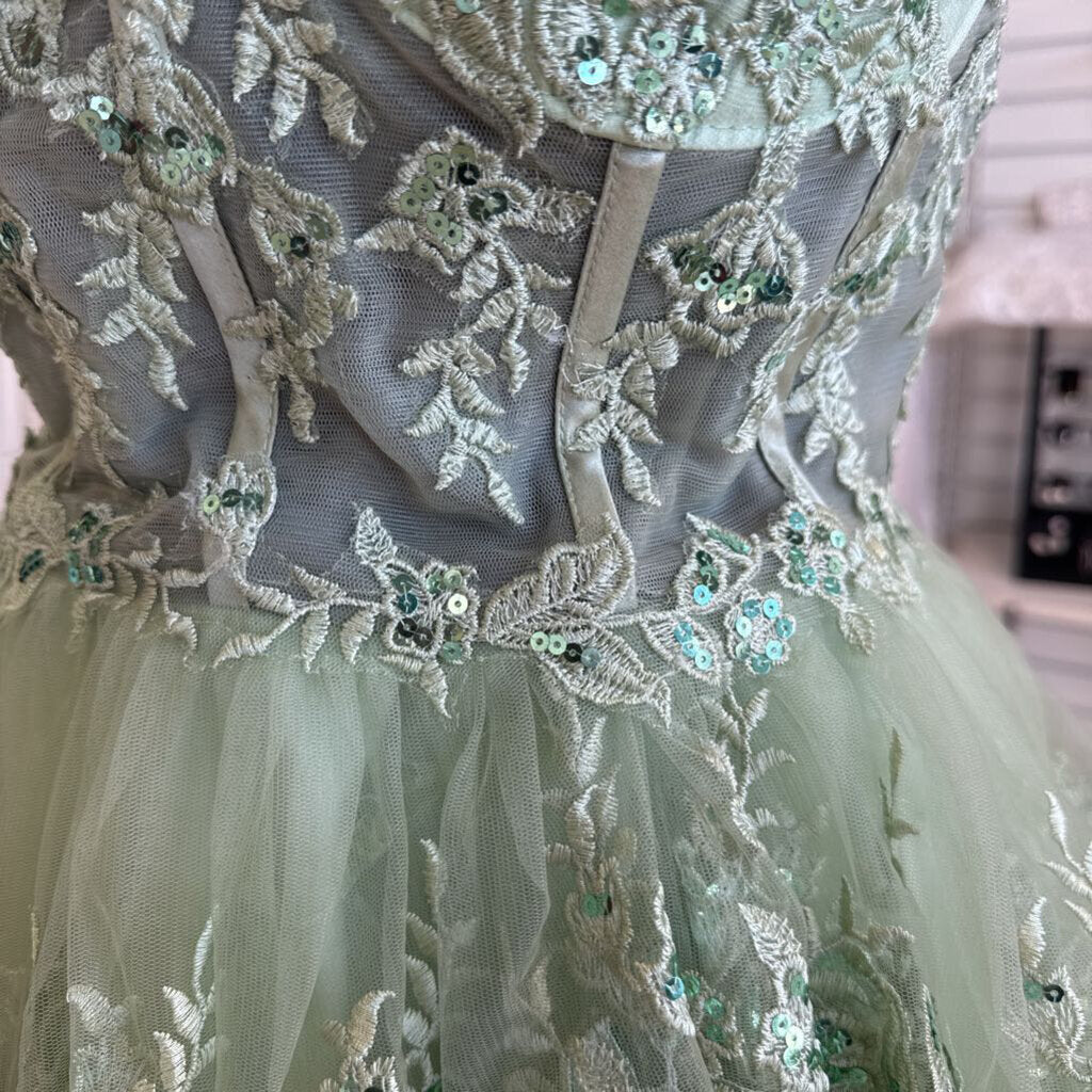 Green Sequin Lace Tiered Lace Up Back Short Formal Dress 14