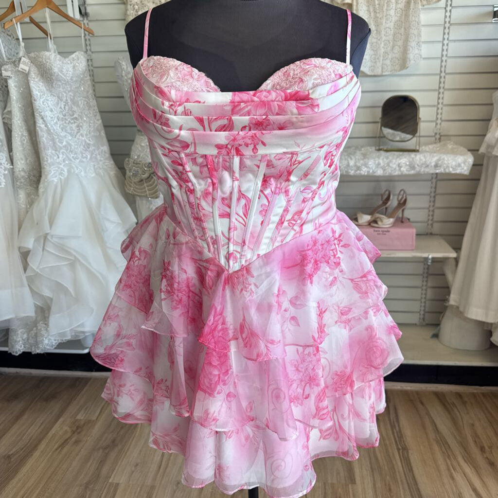 White/ Pink Print Corset Top Short Formal Dress 16