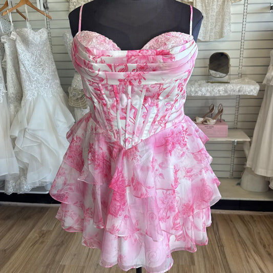 White/ Pink Print Corset Top Short Formal Dress 16