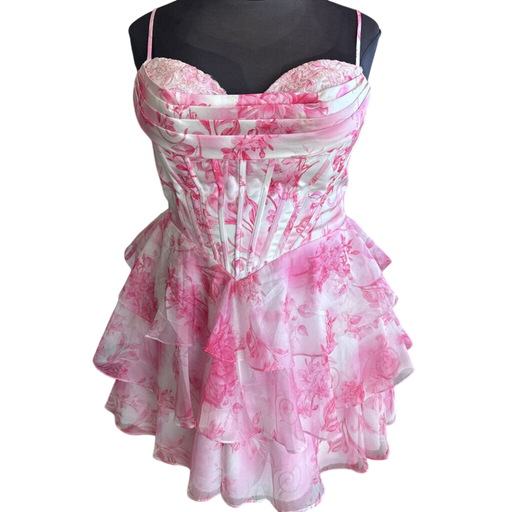 White/ Pink Print Corset Top Short Formal Dress 16