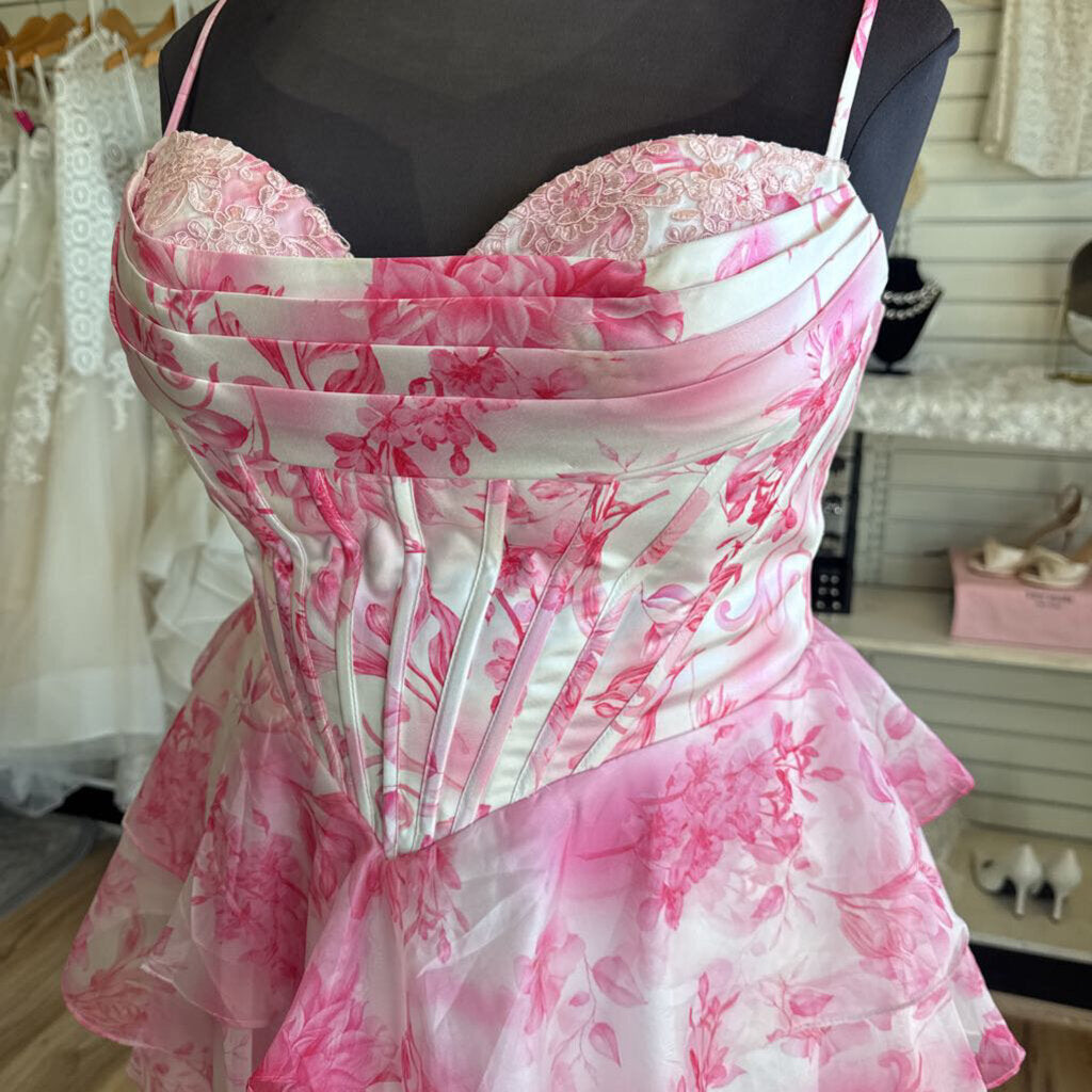 White/ Pink Print Corset Top Short Formal Dress 16