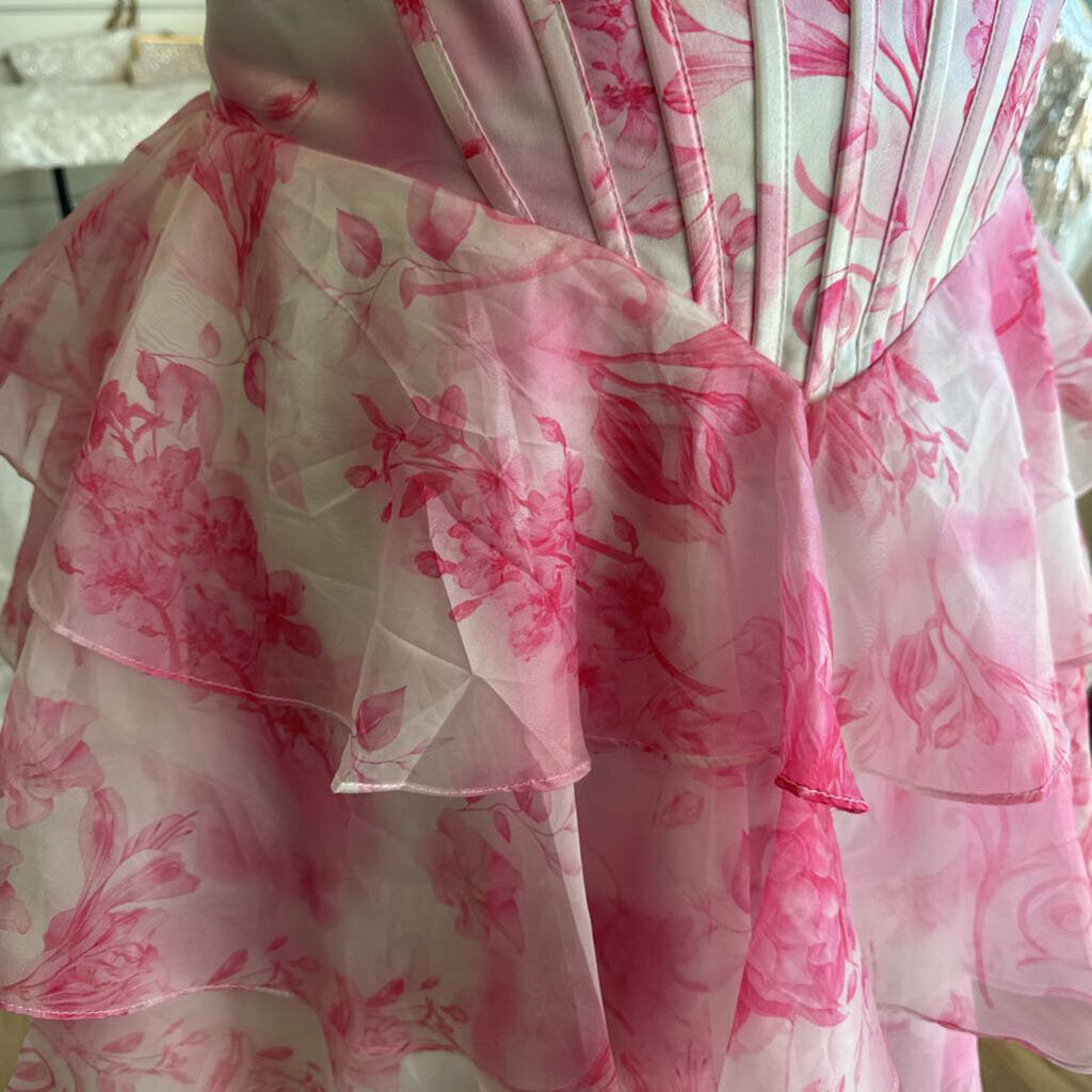 White/ Pink Print Corset Top Short Formal Dress 16