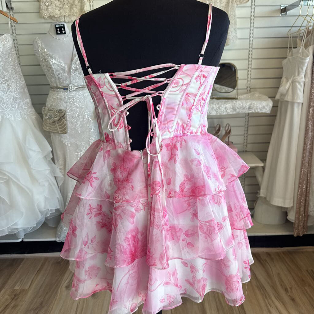White/ Pink Print Corset Top Short Formal Dress 16