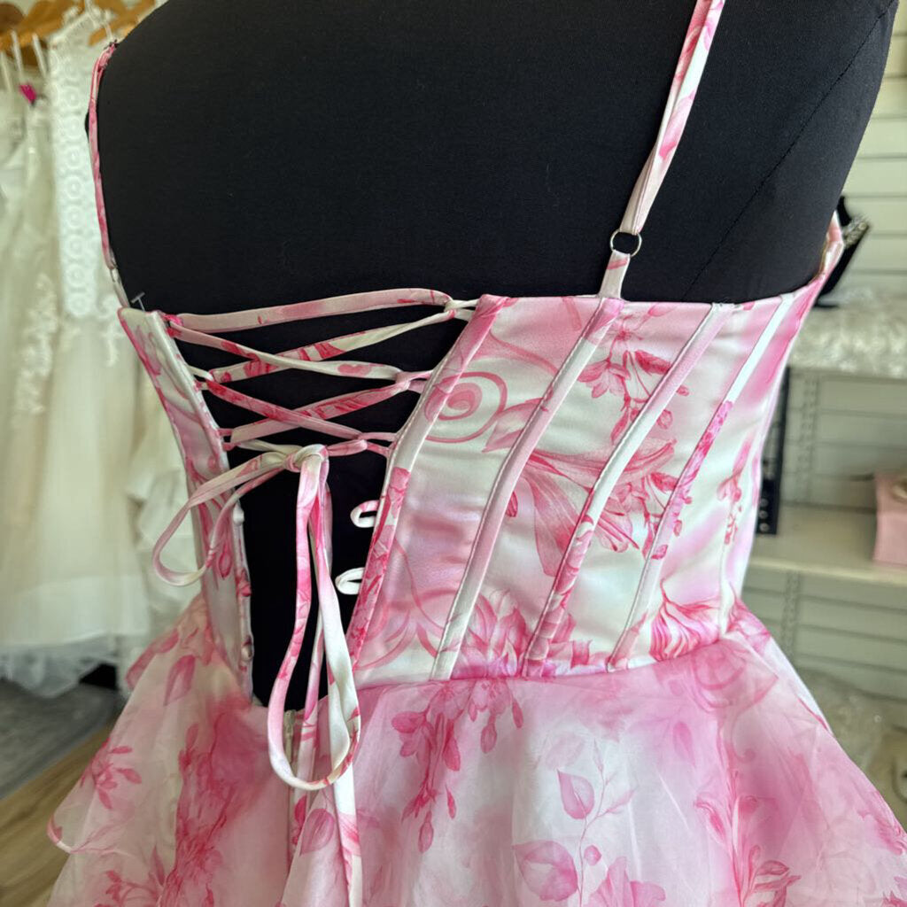 White/ Pink Print Corset Top Short Formal Dress 16