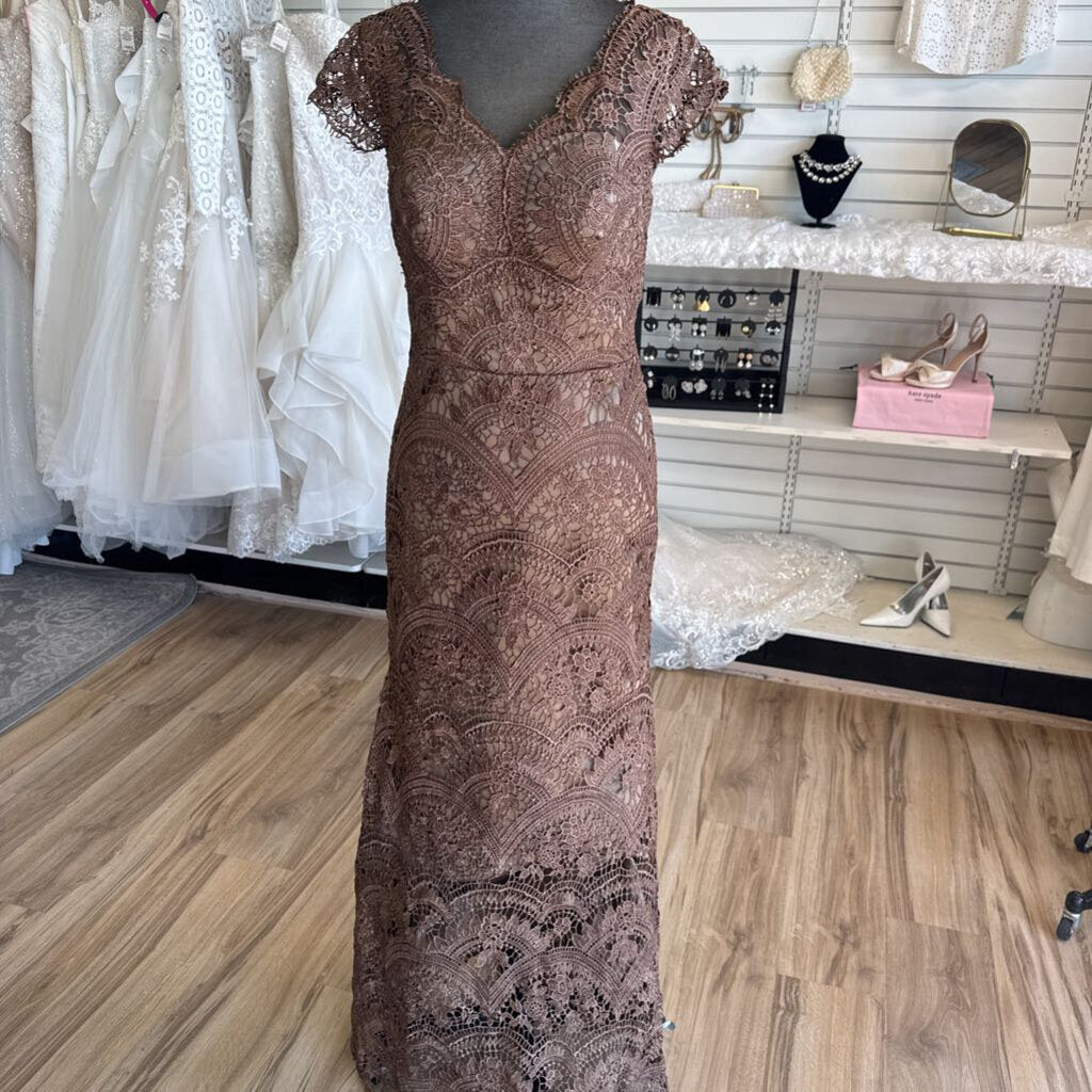 Brown Lace Cap Sleeve Long Formal Dress Small