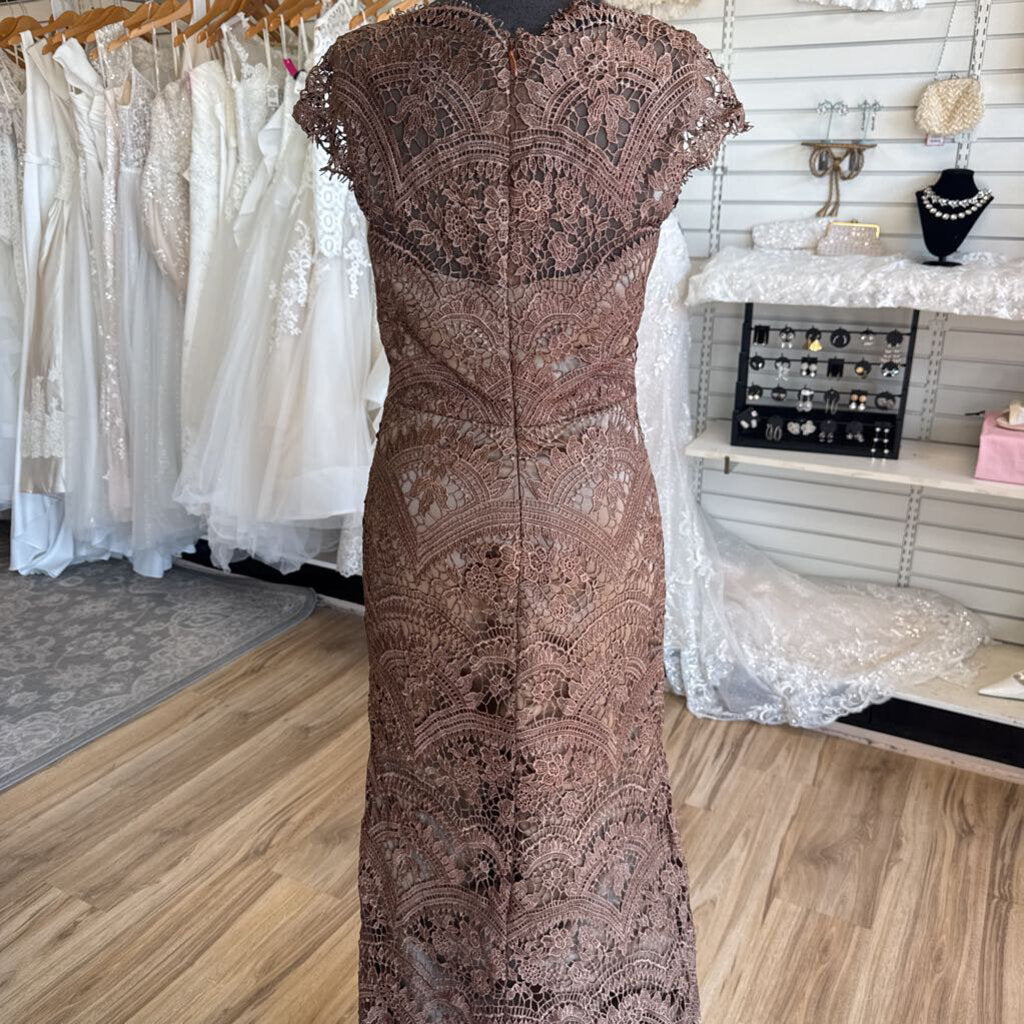 Brown Lace Cap Sleeve Long Formal Dress Small