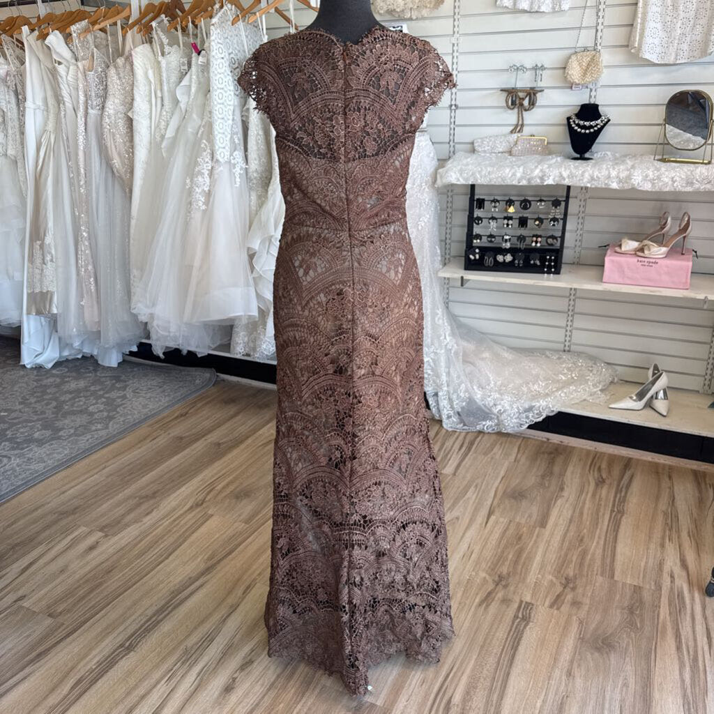 Brown Lace Cap Sleeve Long Formal Dress Small
