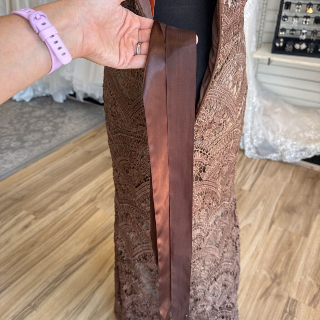 Brown Lace Cap Sleeve Long Formal Dress Small