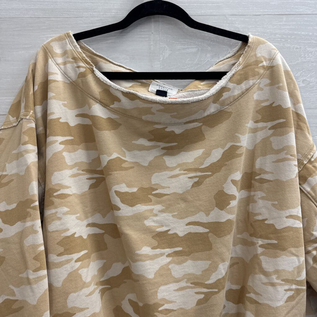 American Eagle Brown Camo Print Long Sleeve Off Shoulder Top Large