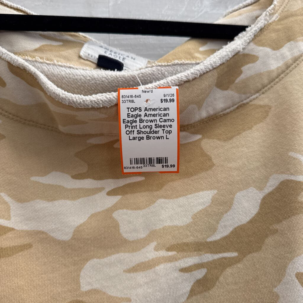 American Eagle Brown Camo Print Long Sleeve Off Shoulder Top Large