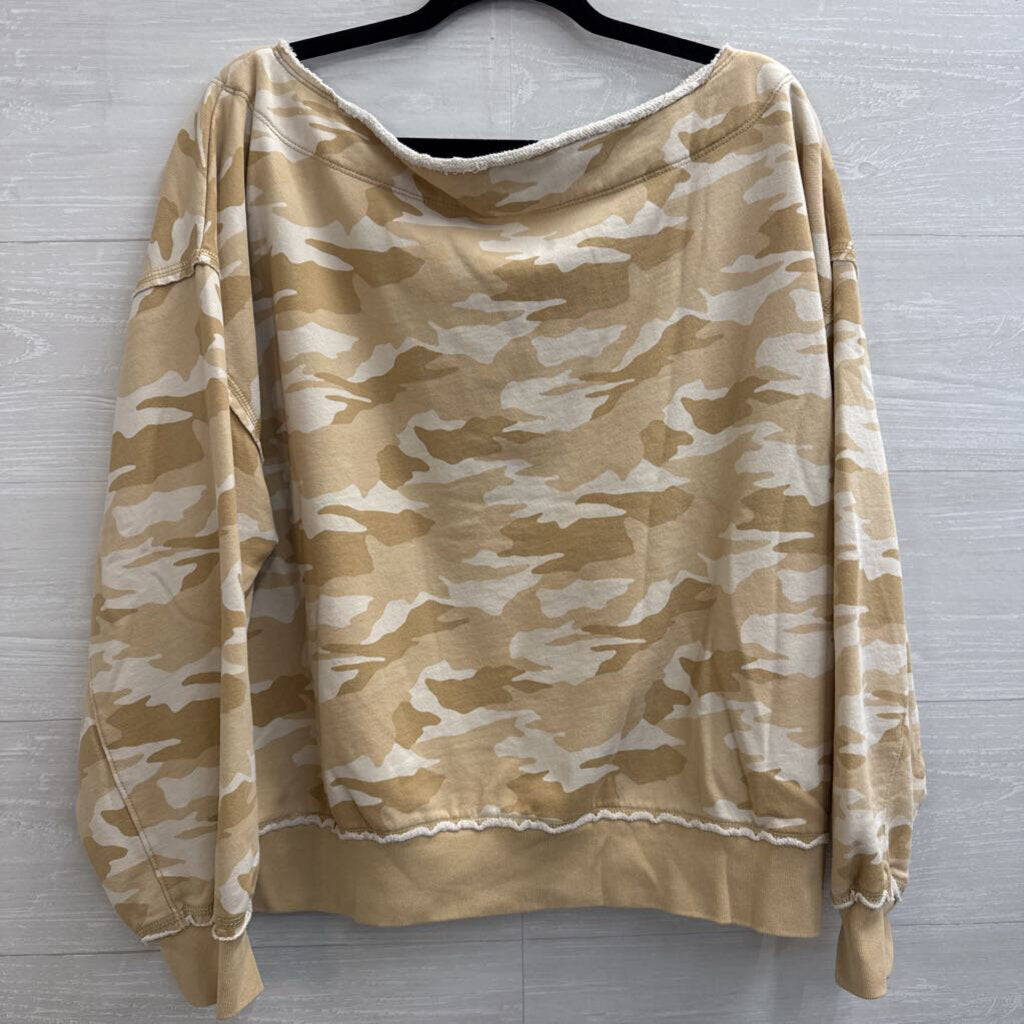 American Eagle Brown Camo Print Long Sleeve Off Shoulder Top Large
