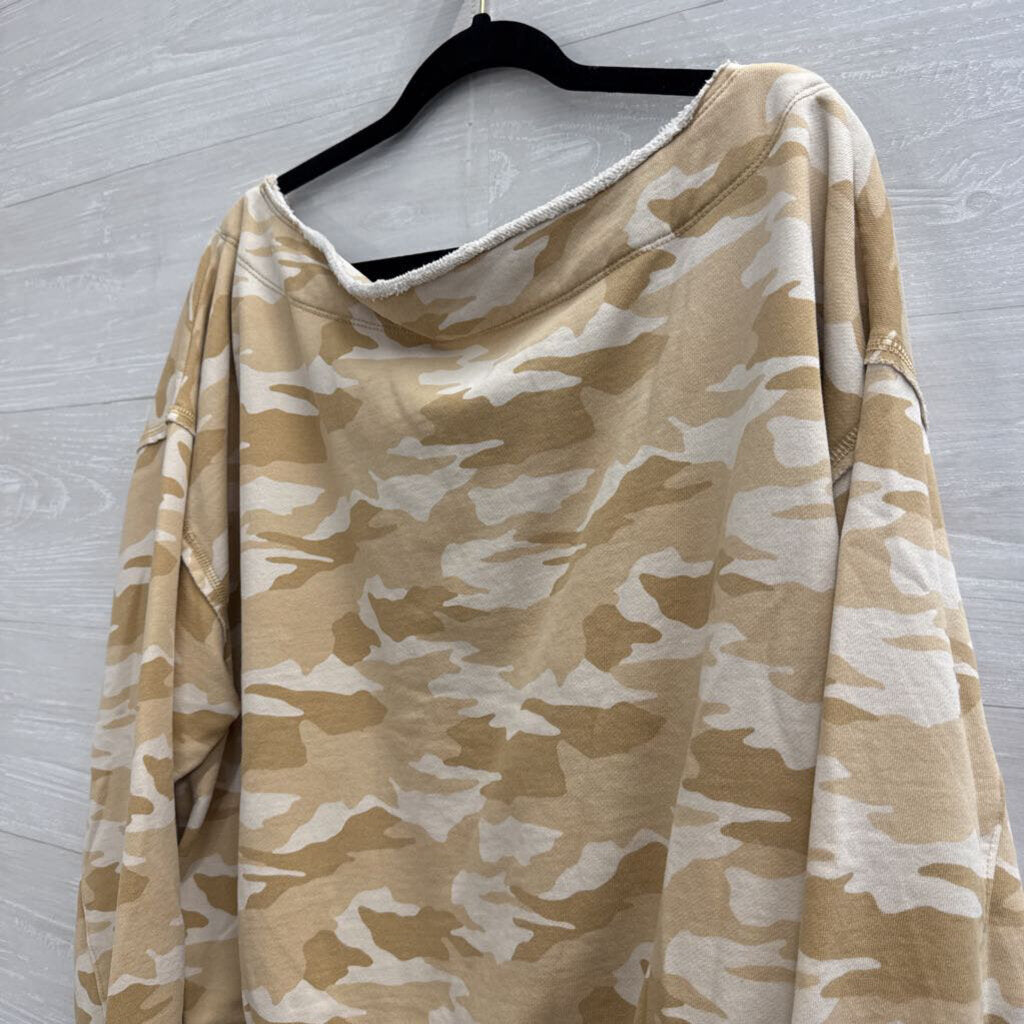 American Eagle Brown Camo Print Long Sleeve Off Shoulder Top Large