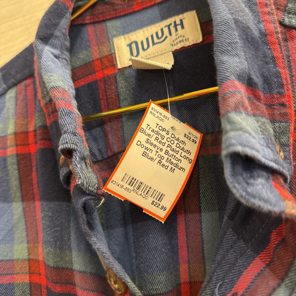 Duluth Blue/ Red Plaid Long Sleeve Button Down Top Medium